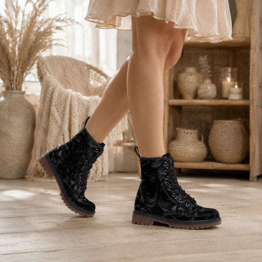 Gothic Damask Combat Boots, Black Victorian Floral Lace Up Boots, Dark Academia Shoes