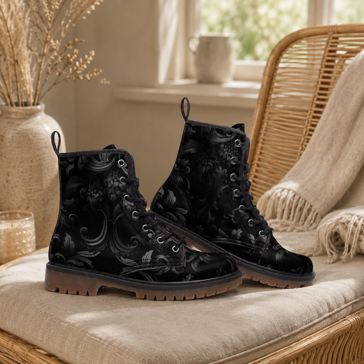 Gothic Damask Combat Boots, Black Victorian Floral Lace Up Boots, Dark Academia Shoes