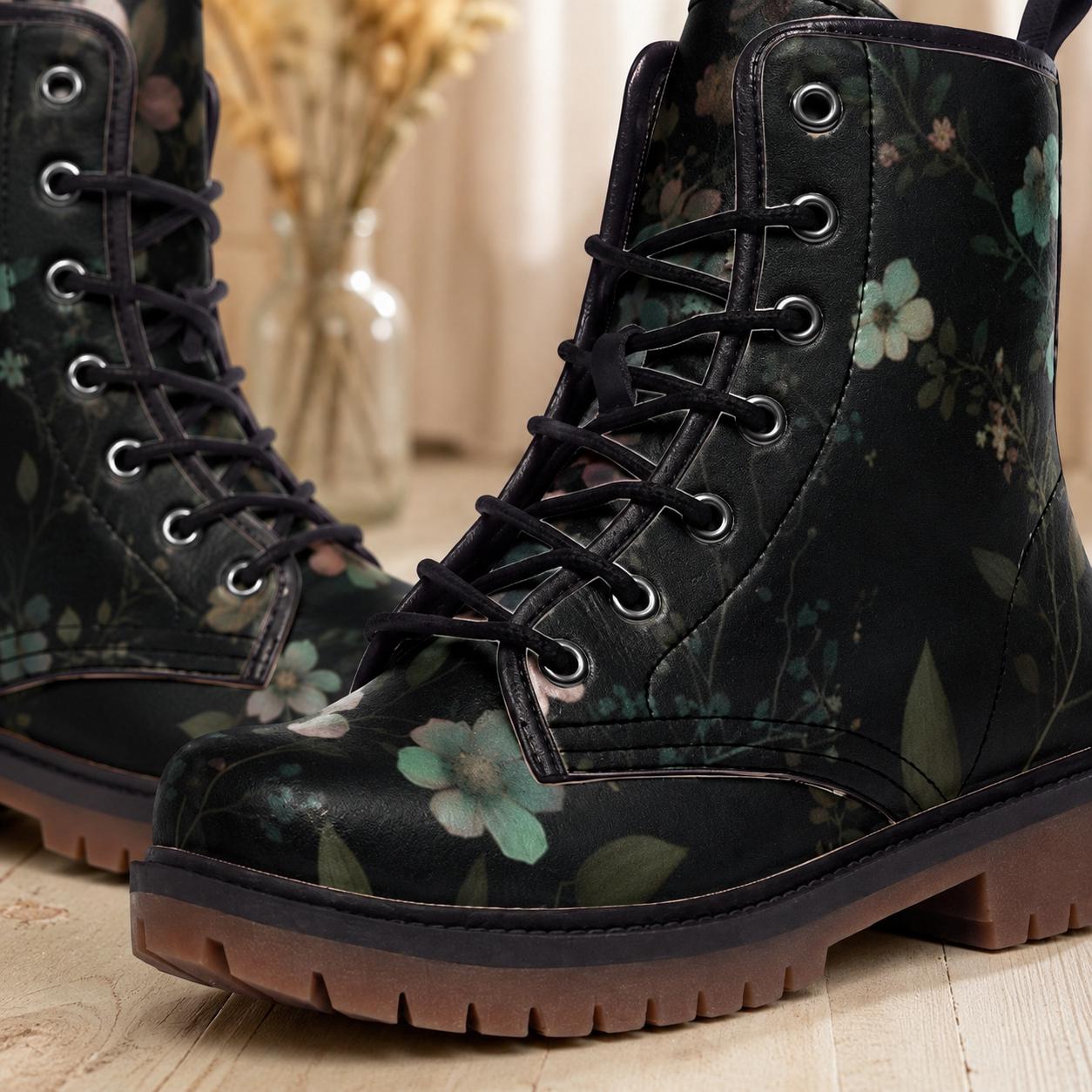 Dark Floral Combat Boots, Gothic Botanical Lace Up Shoes, Cottagecore Grunge Festival Boots
