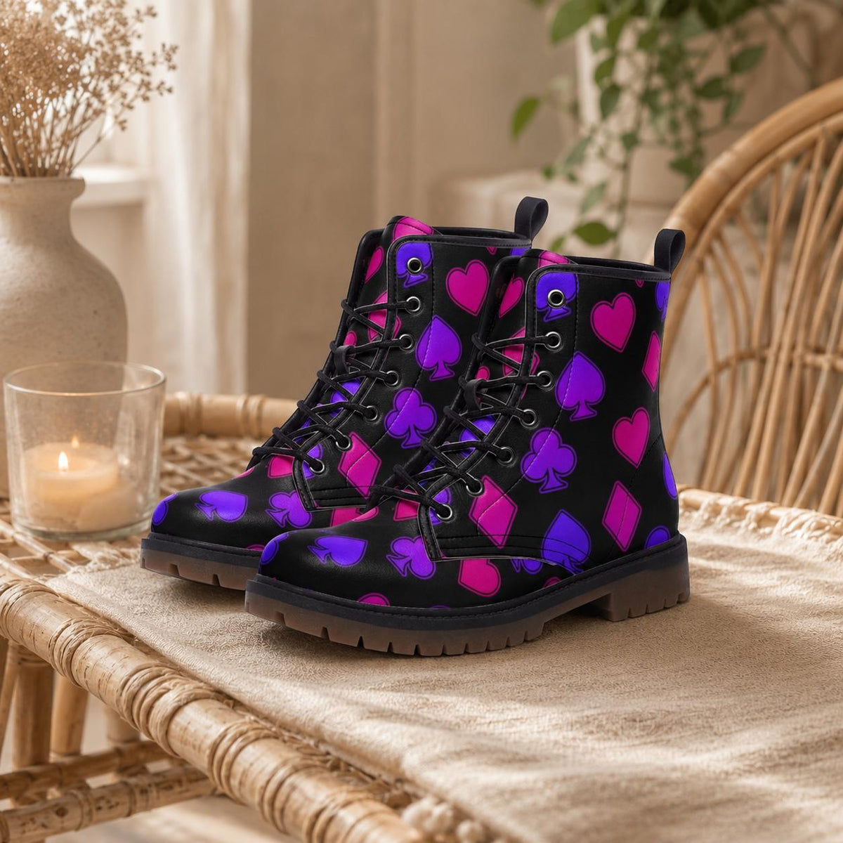 Neon Card Suit Print Combat Boots