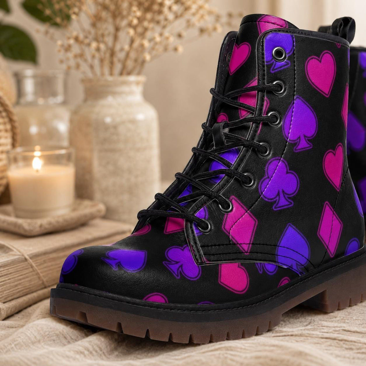 Neon Card Suit Print Combat Boots