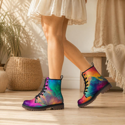Pastel Rainbow Vegan Leather Combat Boots, Platform, Festival