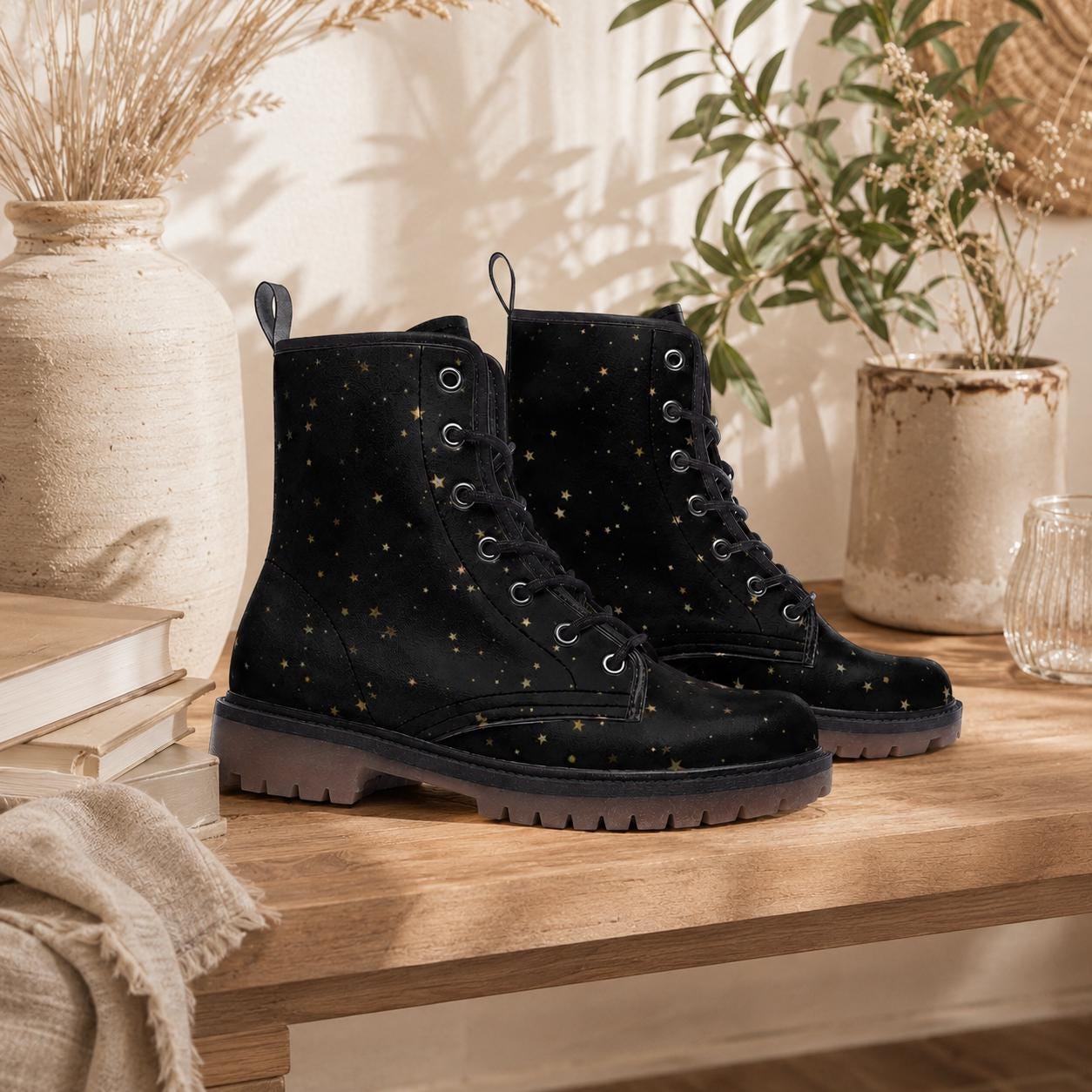 Black Celestial Combat Boots, Gold Star Vegan Boots, Festival Footwear