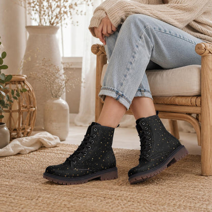 Black Celestial Combat Boots, Gold Star Vegan Boots, Festival Footwear