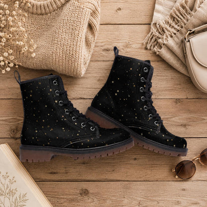 Black Celestial Combat Boots, Gold Star Vegan Boots, Festival Footwear