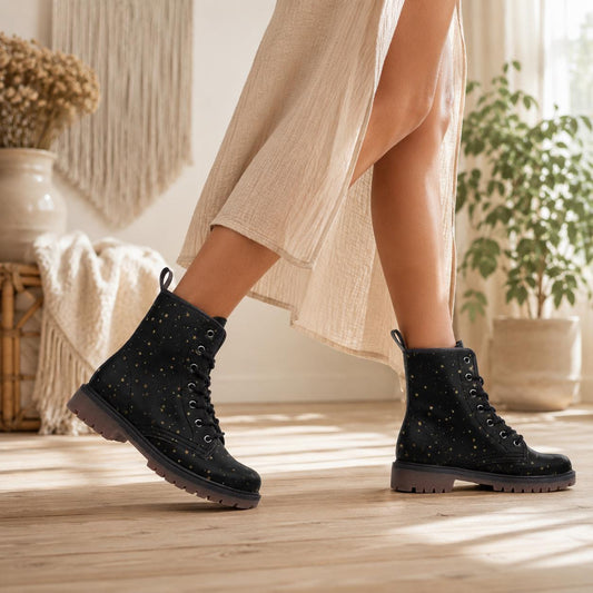Black Celestial Combat Boots, Gold Star Vegan Boots, Festival Footwear