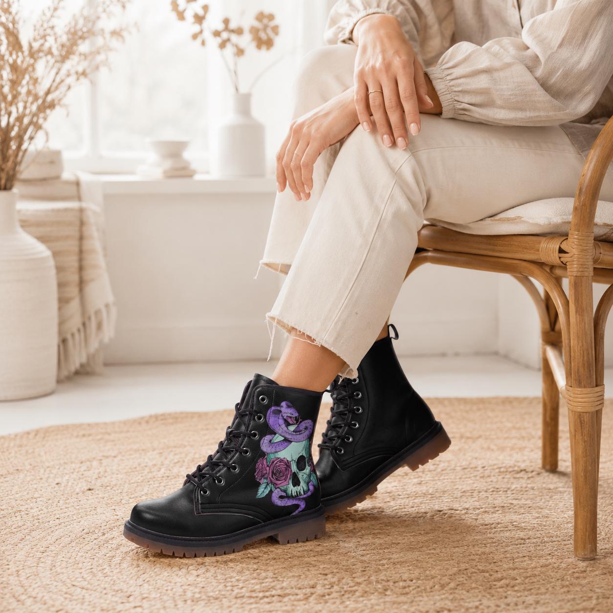Pastel Goth Skull Snake Vegan Combat Boots, Celestial Witchy Festival Footwear