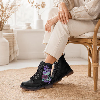 Pastel Goth Skull Snake Vegan Combat Boots, Celestial Witchy Festival Footwear
