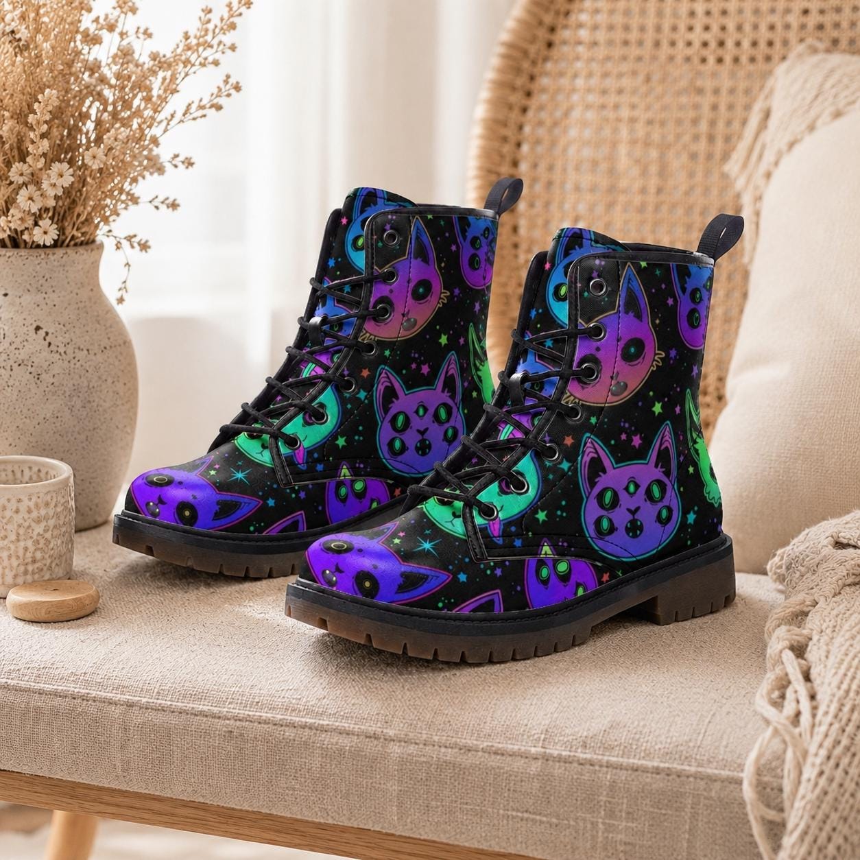 Cat Combat Boots, Neon Goth Lace Up Boots, Spooky Alt Platform Shoes