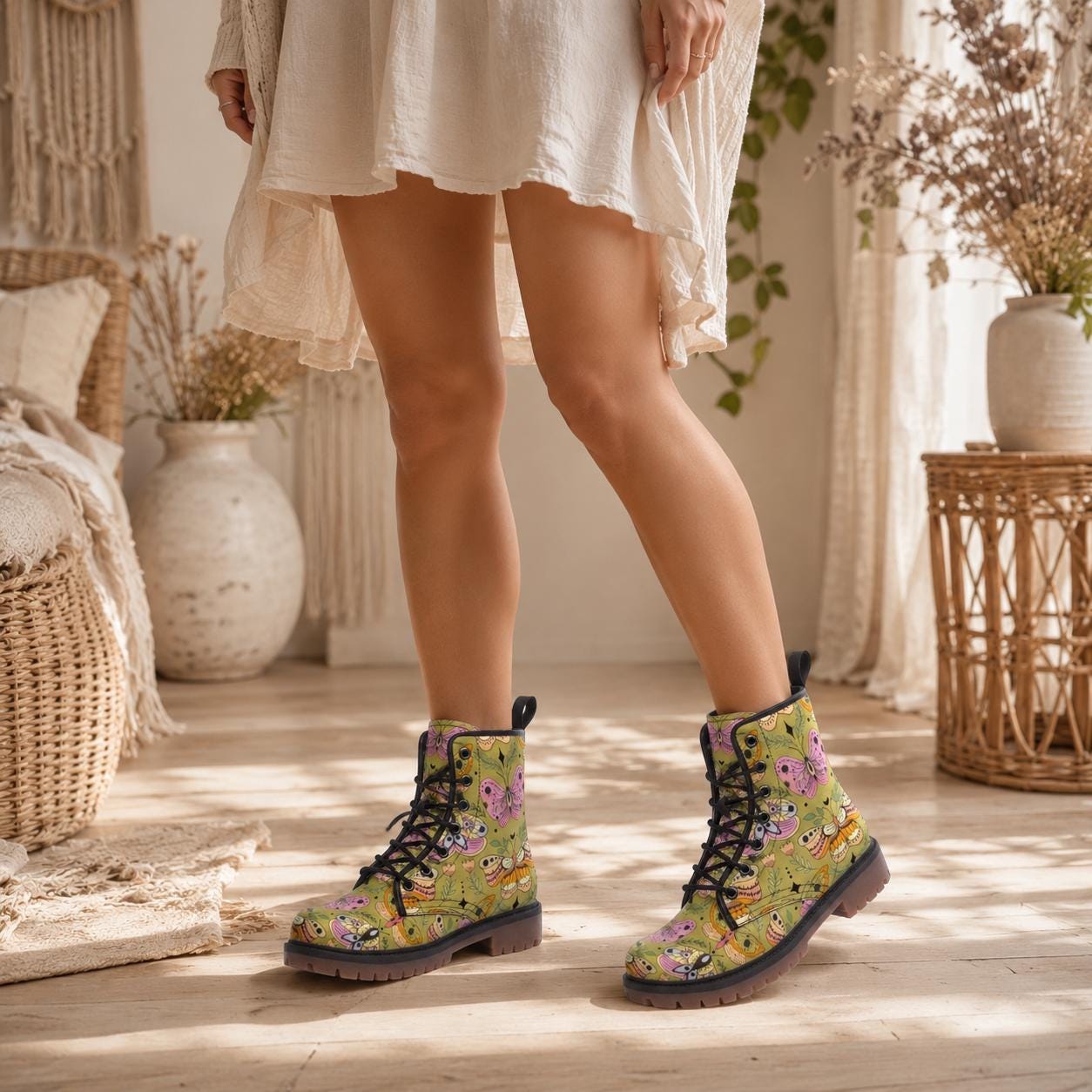 Butterfly Combat Boots, Pastel Moth Floral Shoes, Cottagecore Lace Up Ankle Boots