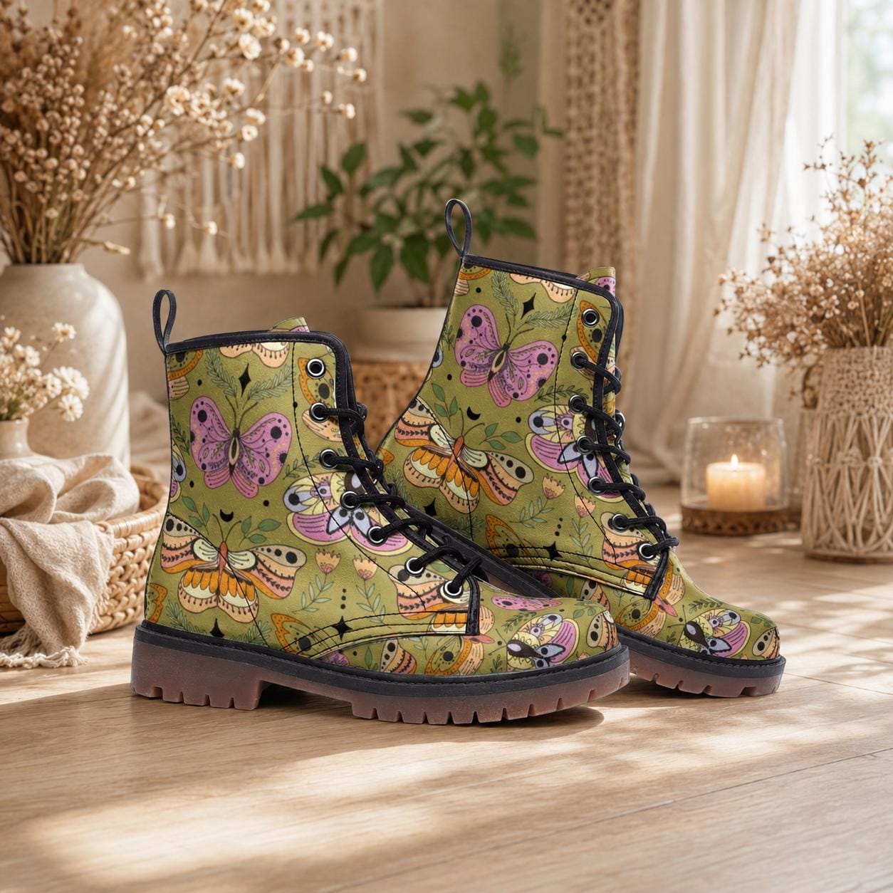 Butterfly Combat Boots, Pastel Moth Floral Shoes, Cottagecore Lace Up Ankle Boots