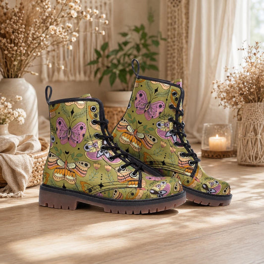 Butterfly Combat Boots, Pastel Moth Floral Shoes, Cottagecore Lace Up Ankle Boots
