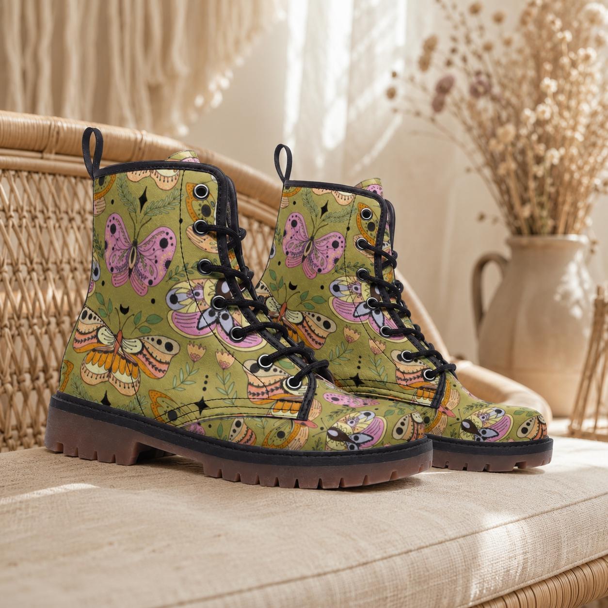 Butterfly Combat Boots, Pastel Moth Floral Shoes, Cottagecore Lace Up Ankle Boots