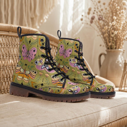 Butterfly Combat Boots, Pastel Moth Floral Shoes, Cottagecore Lace Up Ankle Boots