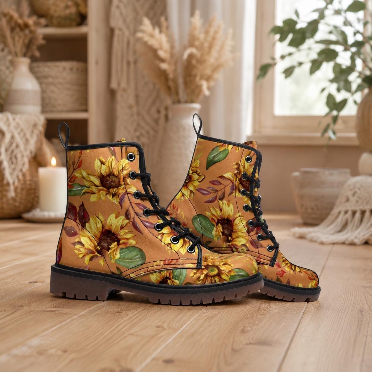 Sunflower Combat Boots for Fall, Rustic Boho Floral Lace Up Shoes