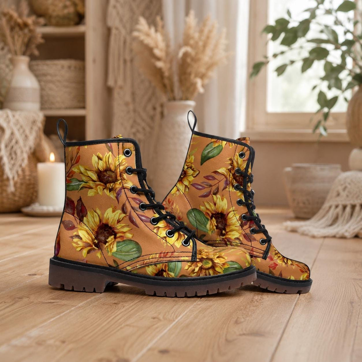 Sunflower Combat Boots for Fall, Rustic Boho Floral Lace Up Shoes