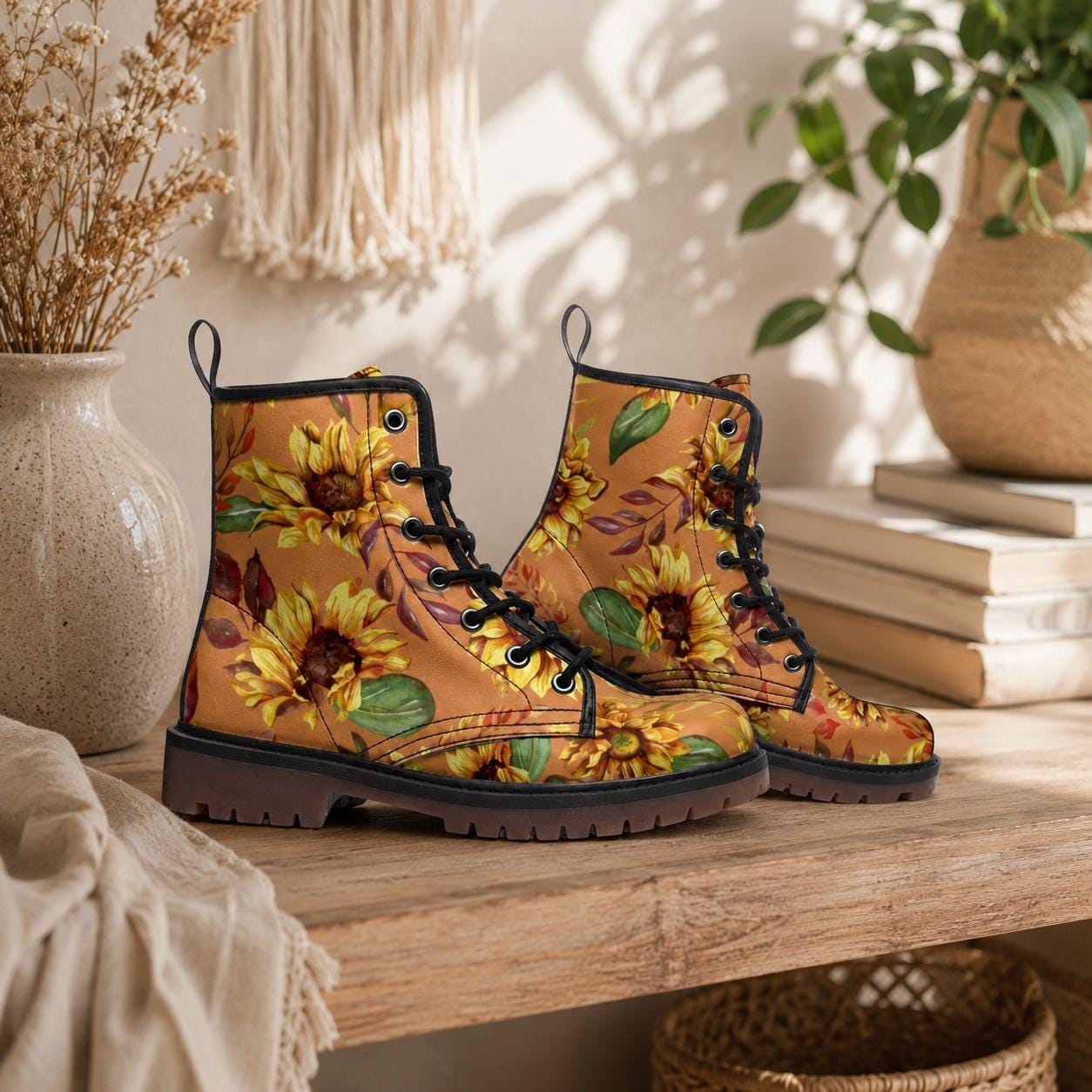 Sunflower Combat Boots for Fall, Rustic Boho Floral Lace Up Shoes
