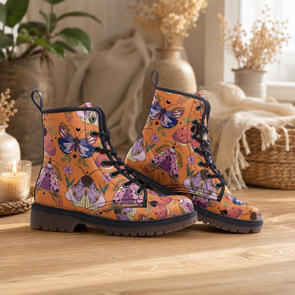 Luna Moth Combat Boots, Peach Witchy Ankle Boots, Pastel Goth Nature Shoes