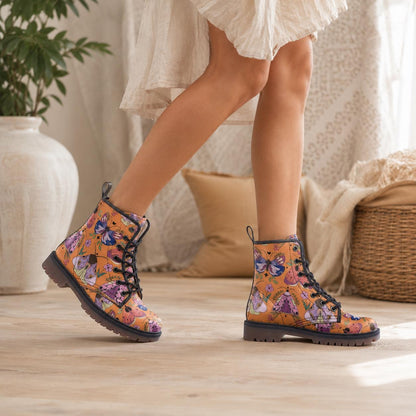 Luna Moth Combat Boots, Peach Witchy Ankle Boots, Pastel Goth Nature Shoes