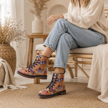 Luna Moth Combat Boots, Peach Witchy Ankle Boots, Pastel Goth Nature Shoes