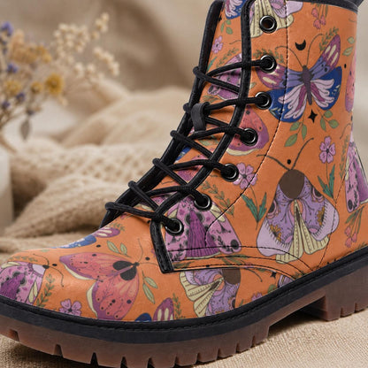 Luna Moth Combat Boots, Peach Witchy Ankle Boots, Pastel Goth Nature Shoes