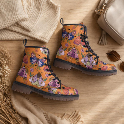 Luna Moth Combat Boots, Peach Witchy Ankle Boots, Pastel Goth Nature Shoes