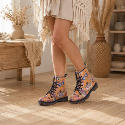 Luna Moth Combat Boots, Peach Witchy Ankle Boots, Pastel Goth Nature Shoes