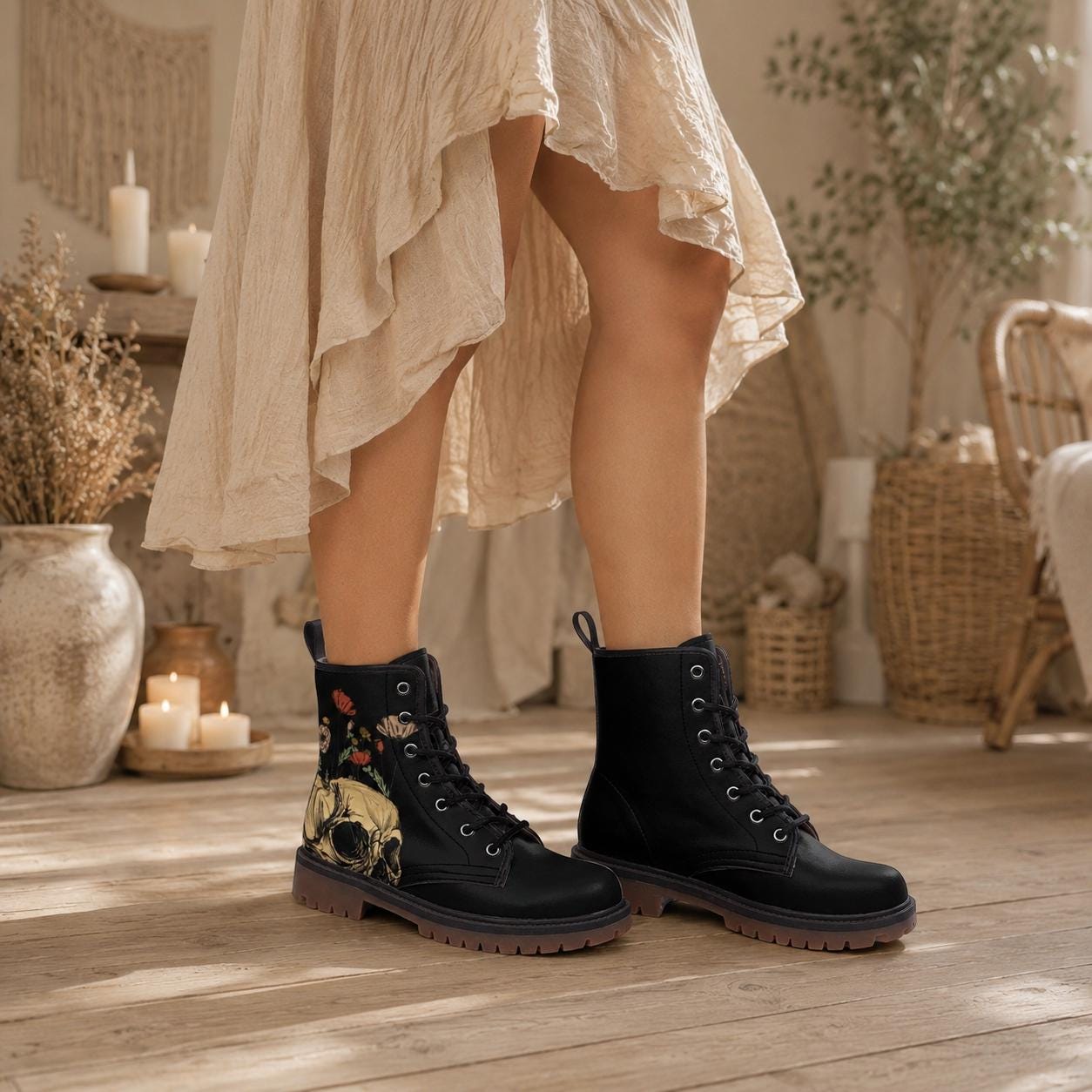 Floral Skull Combat Boots, Occult Rose Footwear, Gothic Witchy Alternative Style