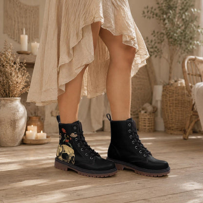 Floral Skull Combat Boots, Occult Rose Footwear, Gothic Witchy Alternative Style