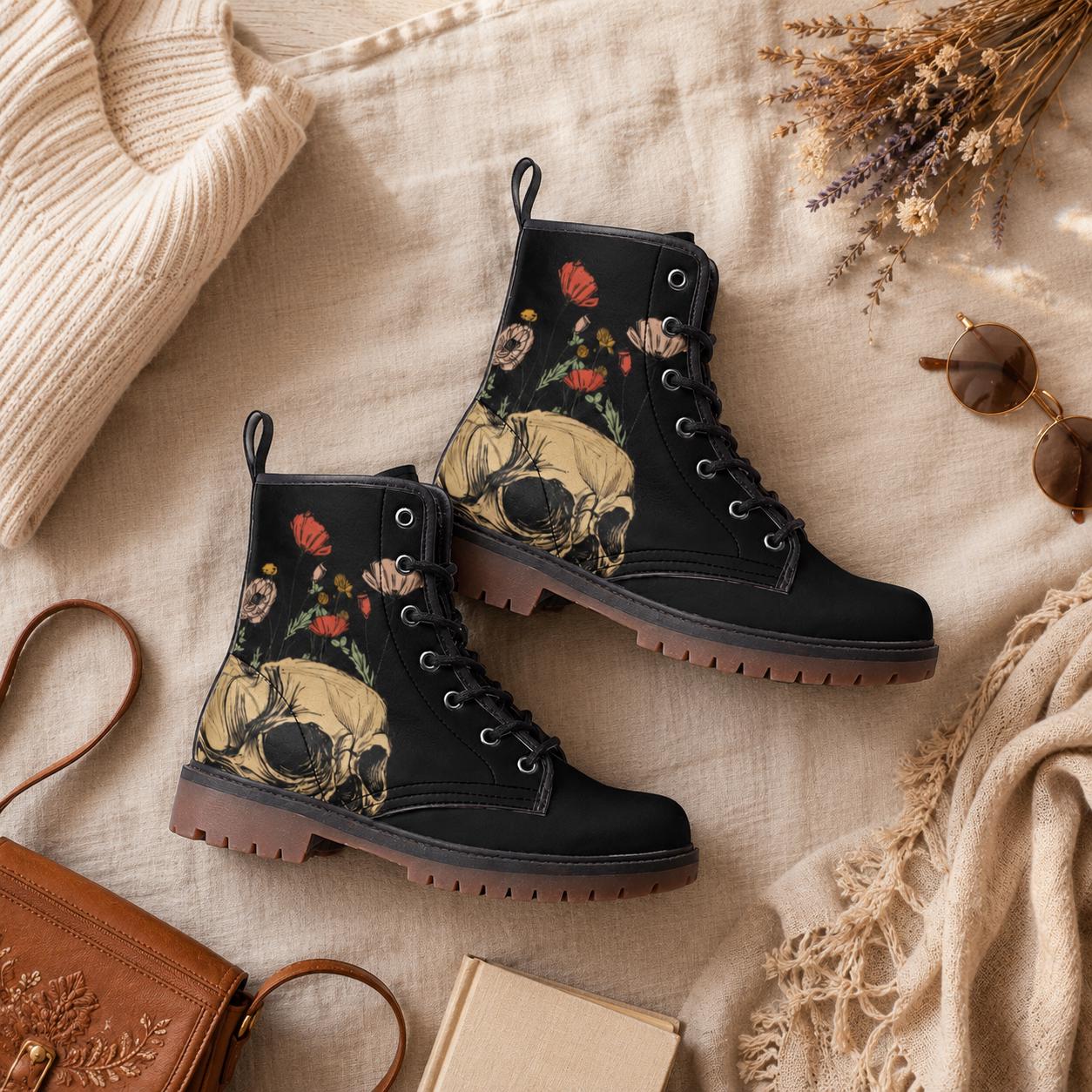 Floral Skull Combat Boots, Occult Rose Footwear, Gothic Witchy Alternative Style