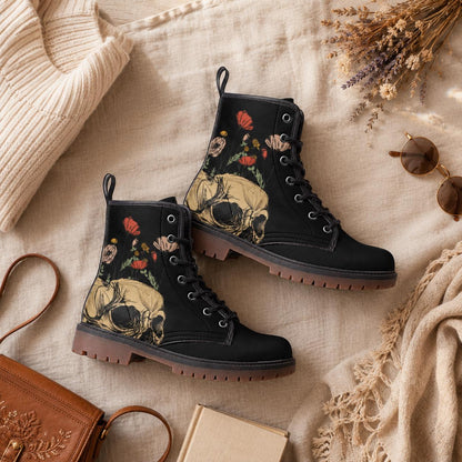 Floral Skull Combat Boots, Occult Rose Footwear, Gothic Witchy Alternative Style