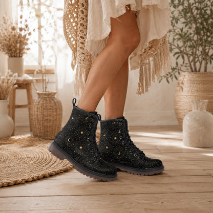 Celestial Moon Combat Boots, Witchy Starry Night Shoes, Occult Fashion