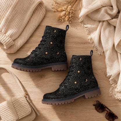 Celestial Moon Combat Boots, Witchy Starry Night Shoes, Occult Fashion
