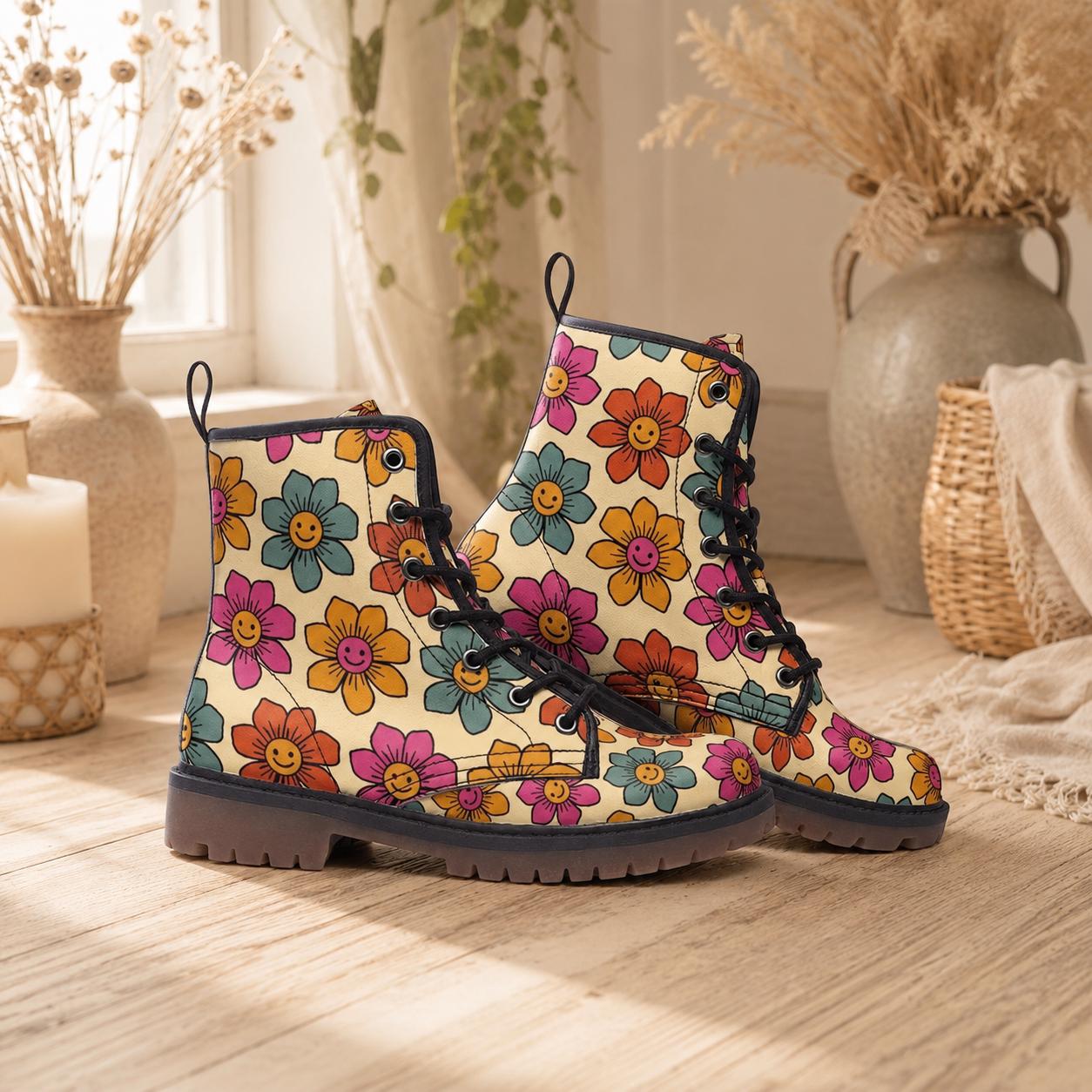 Vegan Combat Boots with Flower Pattern, Festival, Hippie