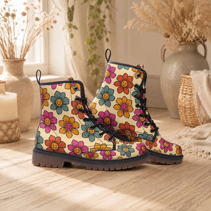 Vegan Combat Boots with Flower Pattern, Festival, Hippie