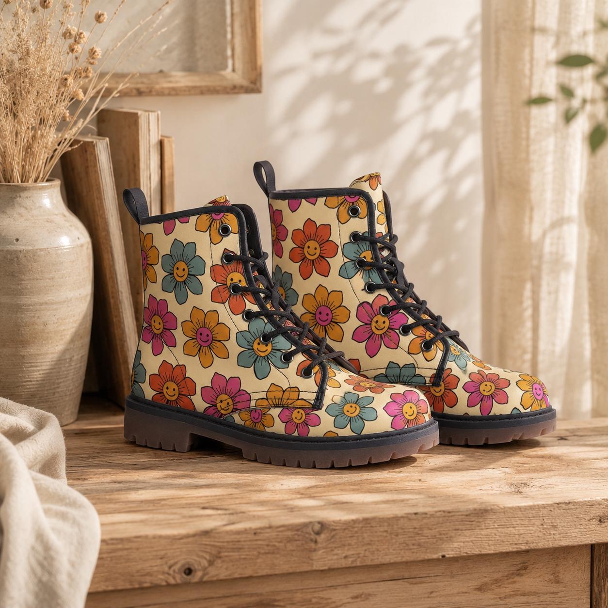 Vegan Combat Boots with Flower Pattern, Festival, Hippie