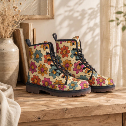 Vegan Combat Boots with Flower Pattern, Festival, Hippie