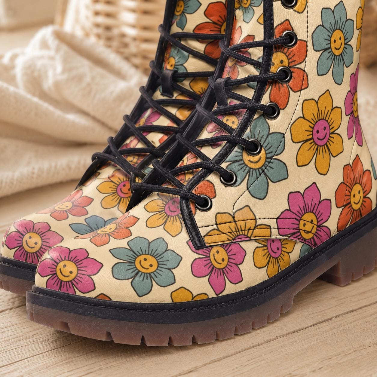Vegan Combat Boots with Flower Pattern, Festival, Hippie