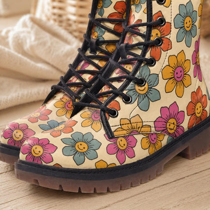 Vegan Combat Boots with Flower Pattern, Festival, Hippie