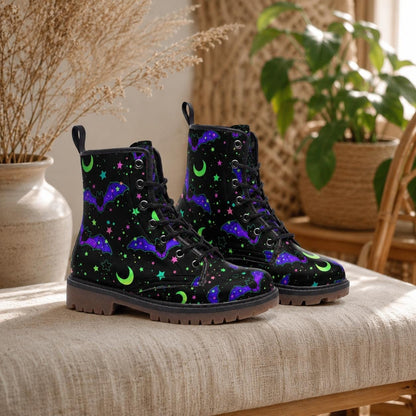 Bat Combat Boots, Moon Star Goth Ankle Boots, Witchy Alternative Footwear