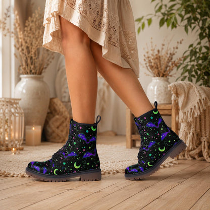 Bat Combat Boots, Moon Star Goth Ankle Boots, Witchy Alternative Footwear