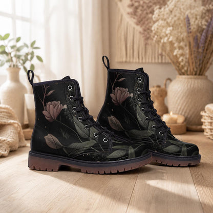 Golden Sun Moon Combat Boots, Celestial Floral Witchy Festival Shoes, Mystical Luminous Style