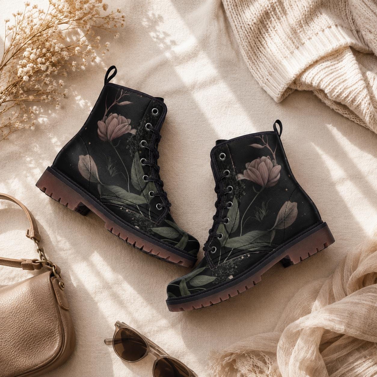 Golden Sun Moon Combat Boots, Celestial Floral Witchy Festival Shoes, Mystical Luminous Style