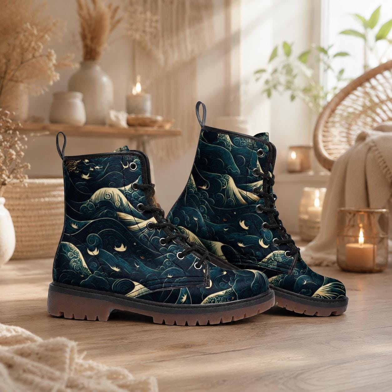 Celestial Ocean Wave Boots, Mystical Sea Combat Shoes, Witchy Festival Style