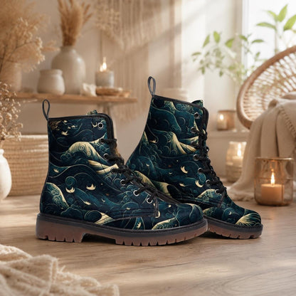 Celestial Ocean Wave Boots, Mystical Sea Combat Shoes, Witchy Festival Style