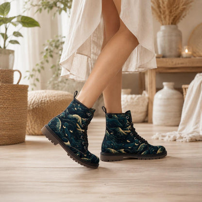 Celestial Ocean Wave Boots, Mystical Sea Combat Shoes, Witchy Festival Style