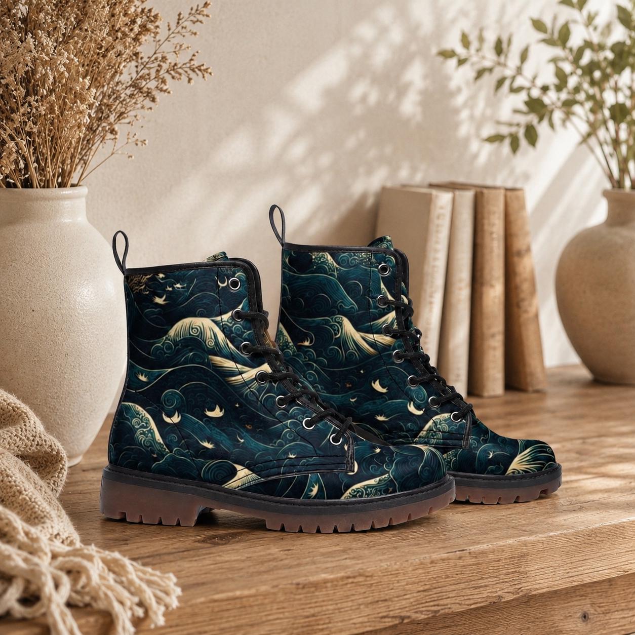 Celestial Ocean Wave Boots, Mystical Sea Combat Shoes, Witchy Festival Style
