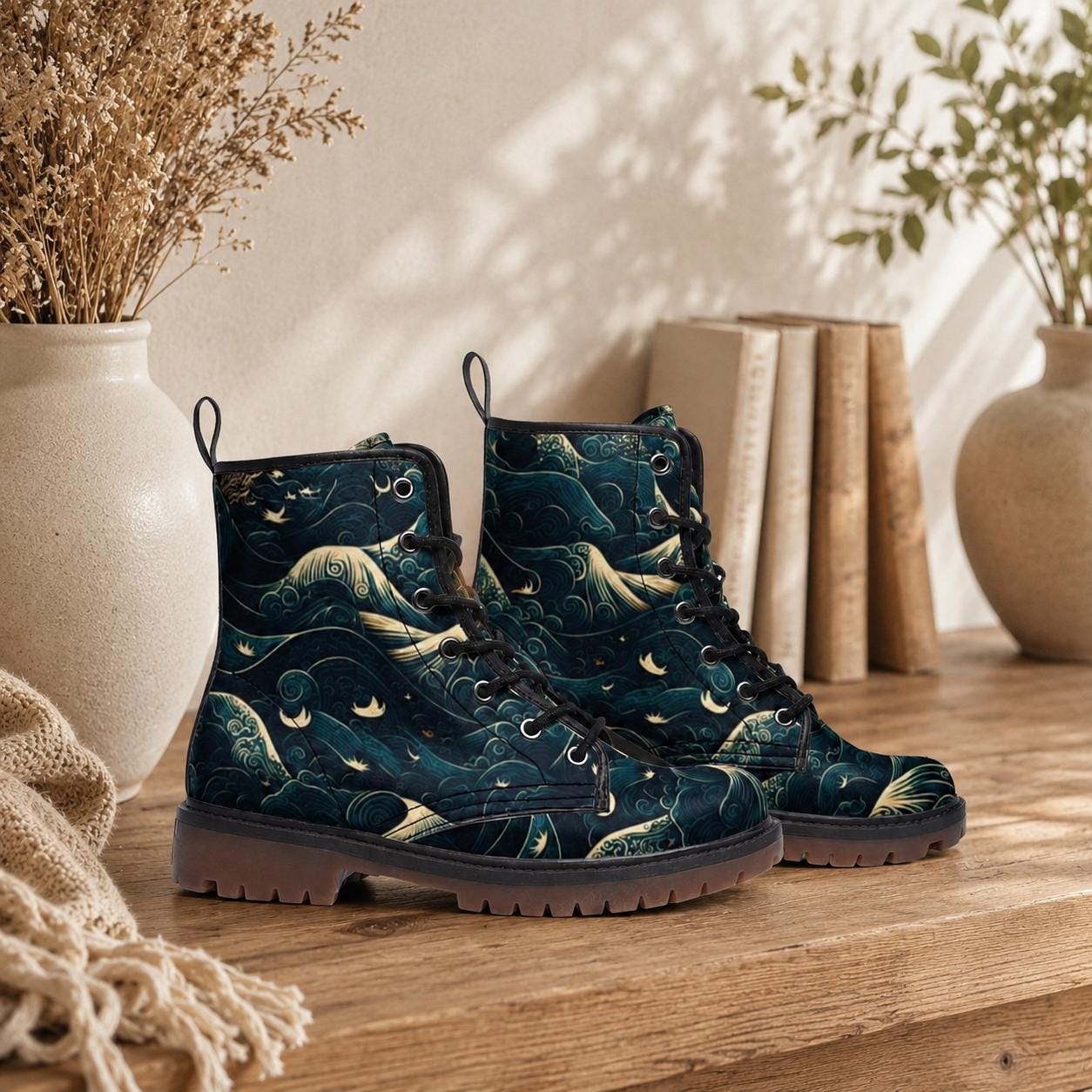 Celestial Ocean Wave Boots, Mystical Sea Combat Shoes, Witchy Festival Style