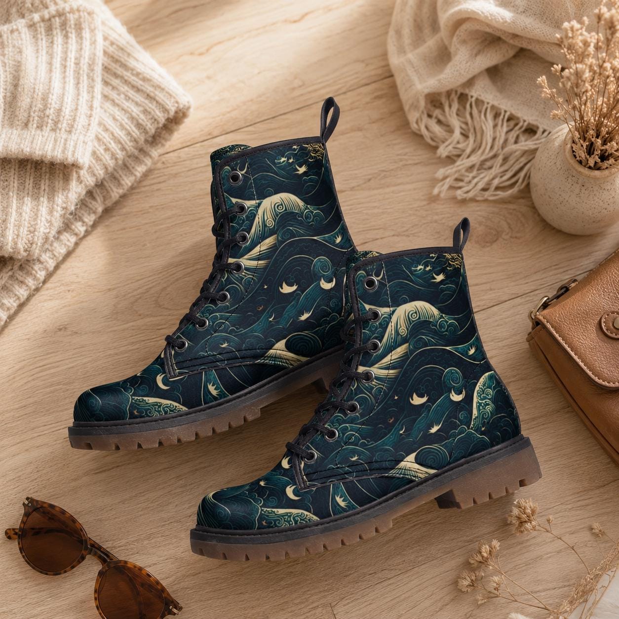 Celestial Ocean Wave Boots, Mystical Sea Combat Shoes, Witchy Festival Style