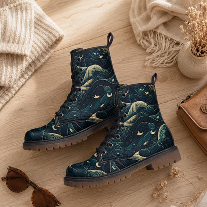 Celestial Ocean Wave Boots, Mystical Sea Combat Shoes, Witchy Festival Style